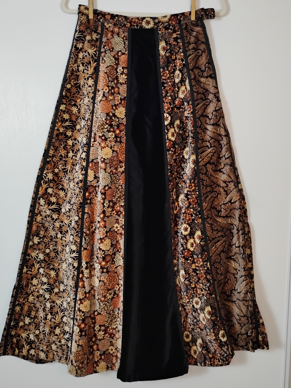 Vintage Patchwork Maxi Skirt in Black and Brown Floral Mix